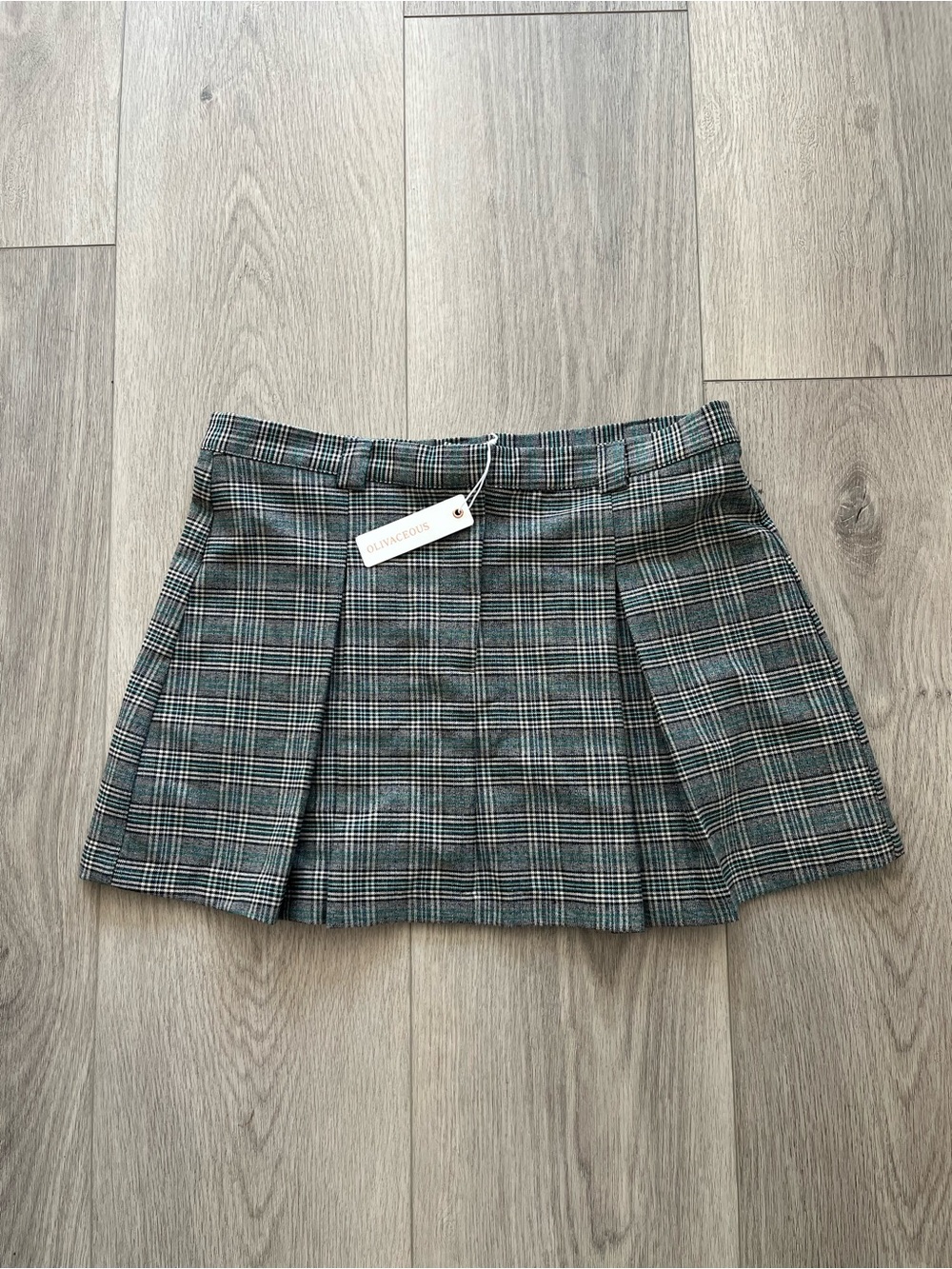 Olivaceous Green & Gray Plaid Pleated Mini Skirt